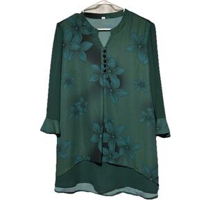 Women's Dark Green Floral Blouse with Button‎ Detail & Frilly Sleeves, Size L